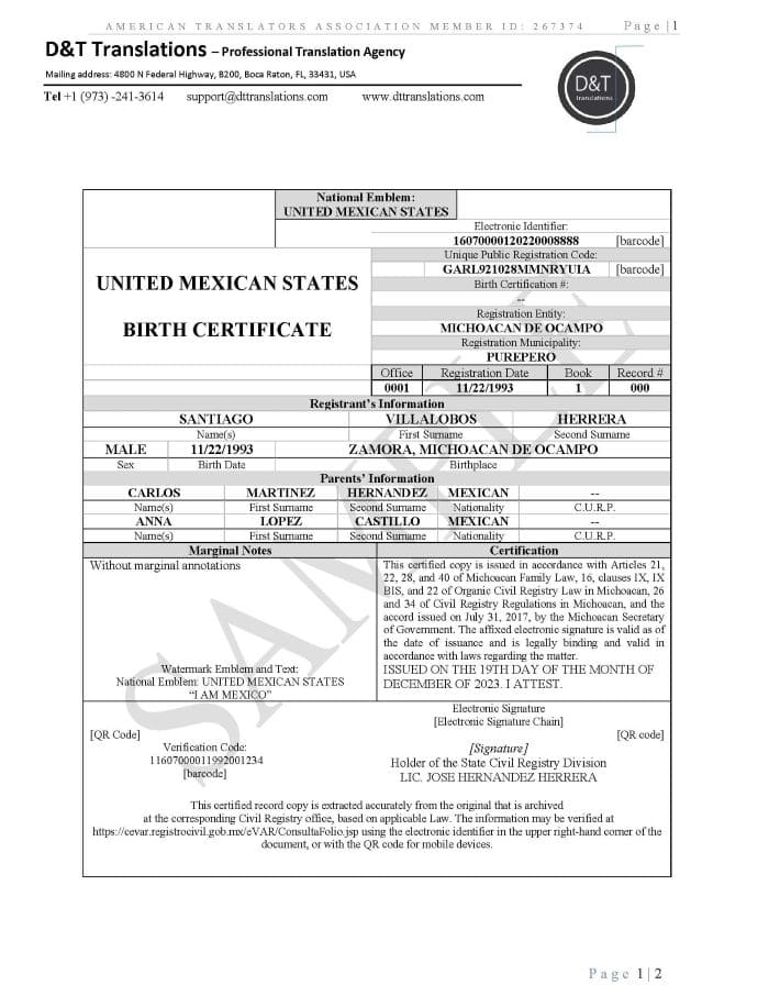 Sample certified translation page