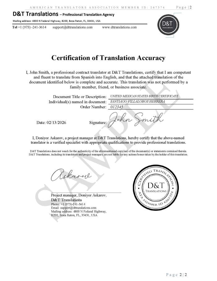 Sample certification of translation accuracy page