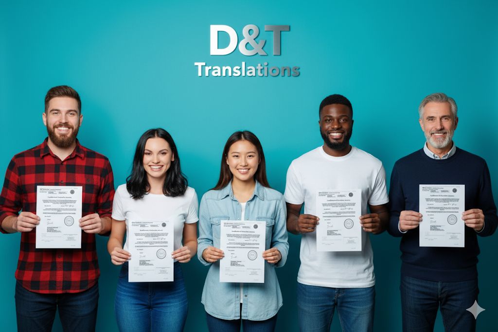 Five people holding translated documents against a teal D&T Translations backdrop