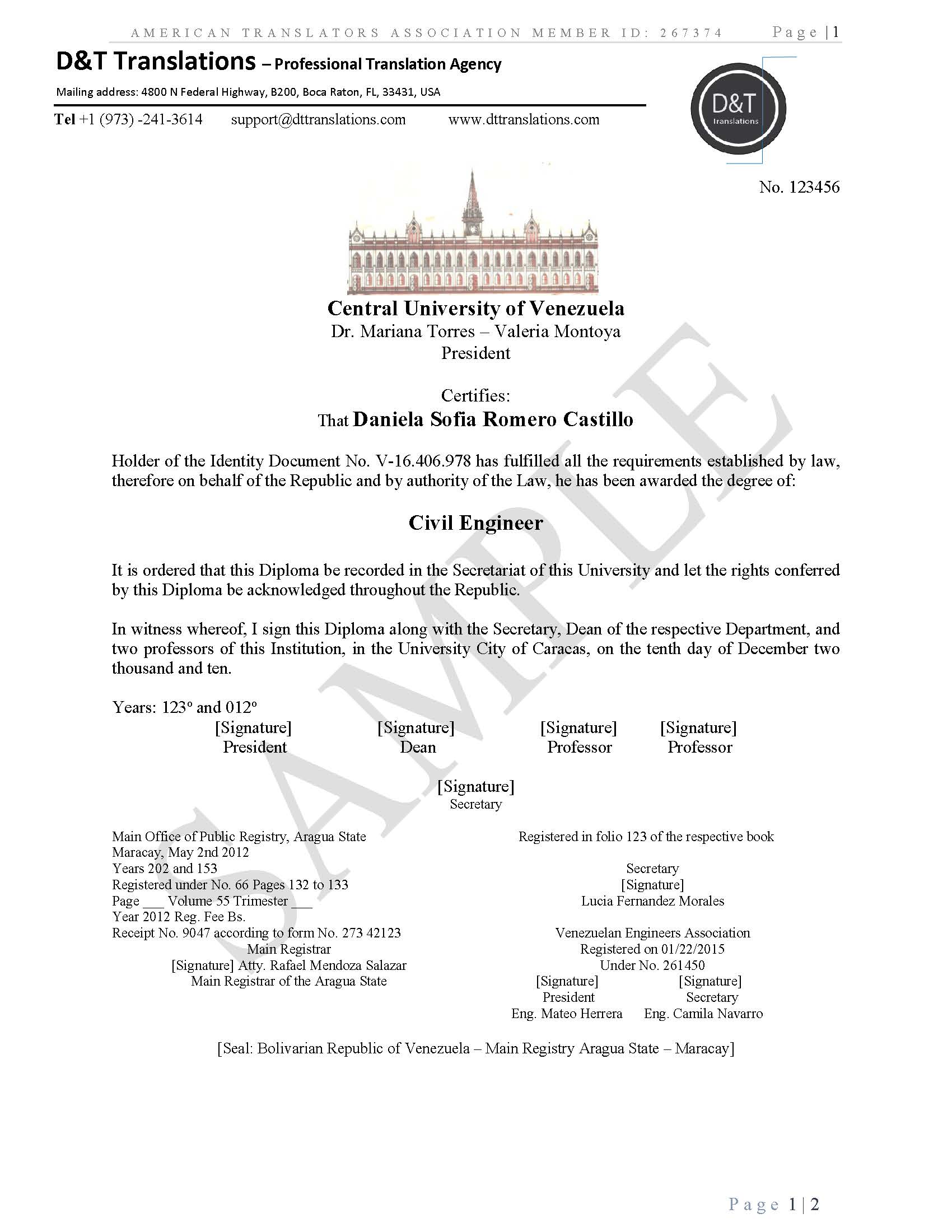 Sample certified diploma translation page