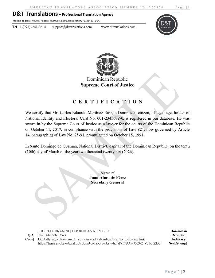Sample legal-status translation for a foreign attorney