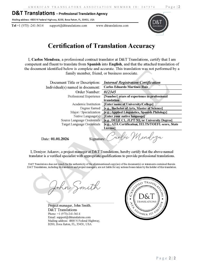 Sample certification of translation accuracy for a BOLE legal-status translation